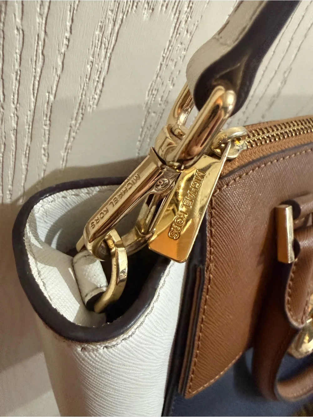 Michael Kors Brown Navy White Leather Satchel with Gold MK Accent